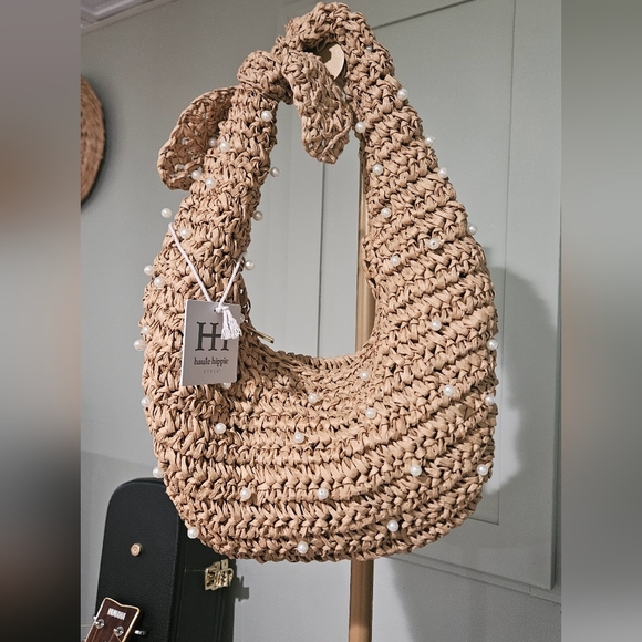 HAUTE HIPPIE Woven Straw Slouchy Shoulder Bag With Pearl Accents. Tan. NWT - Picture 6 of 13